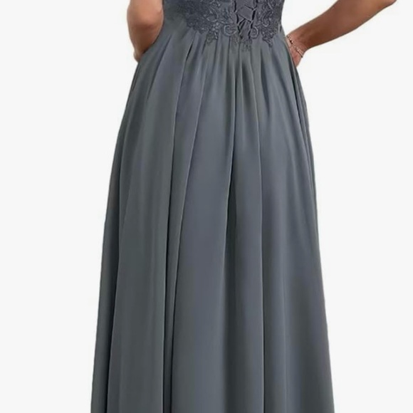 Dress Tea Length Lace Appliques V Neck Navy Blue Chiffon Short Sleeves sz 10 NEW - Picture 3 of 4